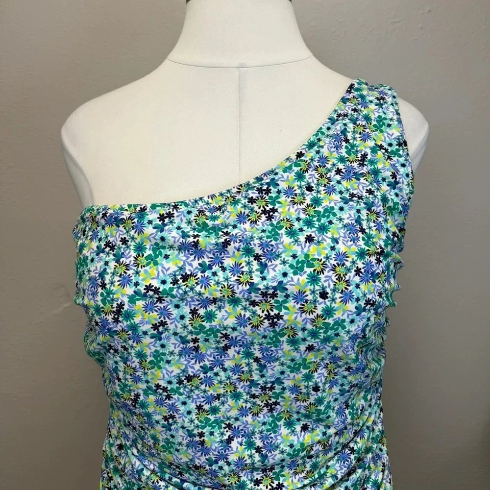 J. Crew Blue Floral One Shoulder Ruched One Piece - Size 2X